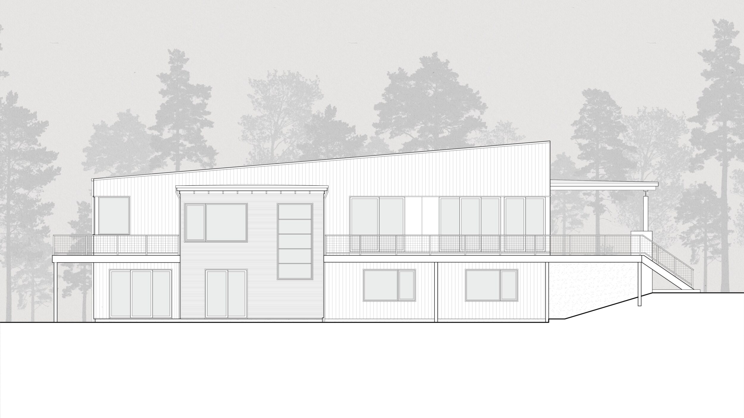 Upland Lookout Cottage Elevation, Modern Inland Lake Cottage in Traverse City, Michigan, Custom Home Design by BellCraft Architects