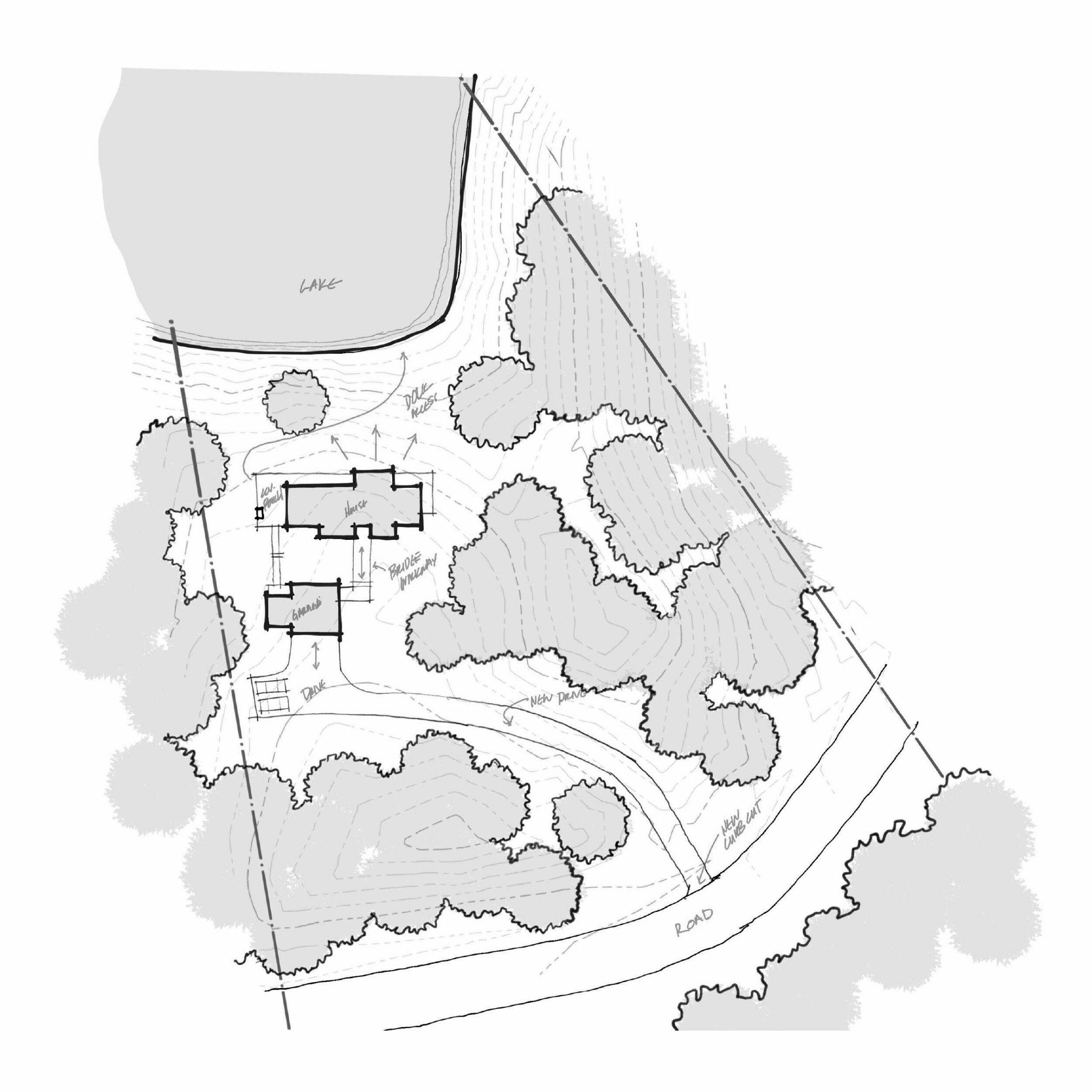 Upland Lookout Cottage Site Sketch Modern Inland Lake Cottage in Traverse City, Michigan, Custom Home Design by BellCraft Architects