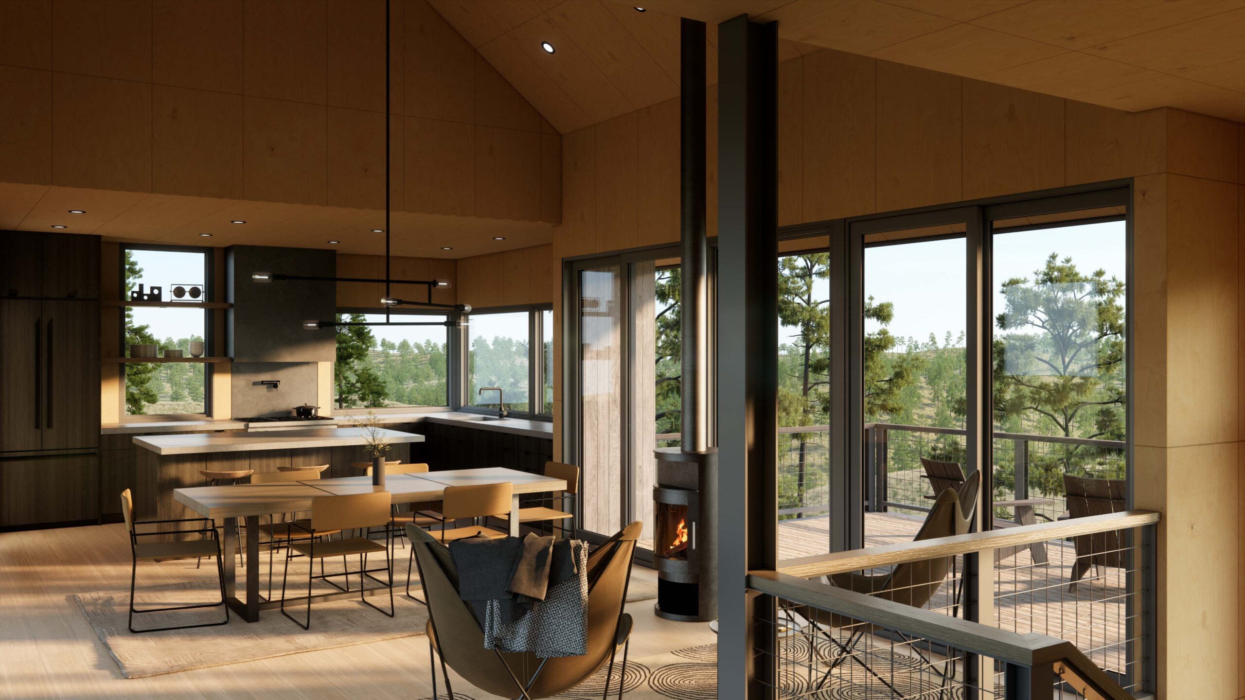 Country Bridge Cabin Great Room in Northern Michigan, Custom Home Design by BellCraft Architects