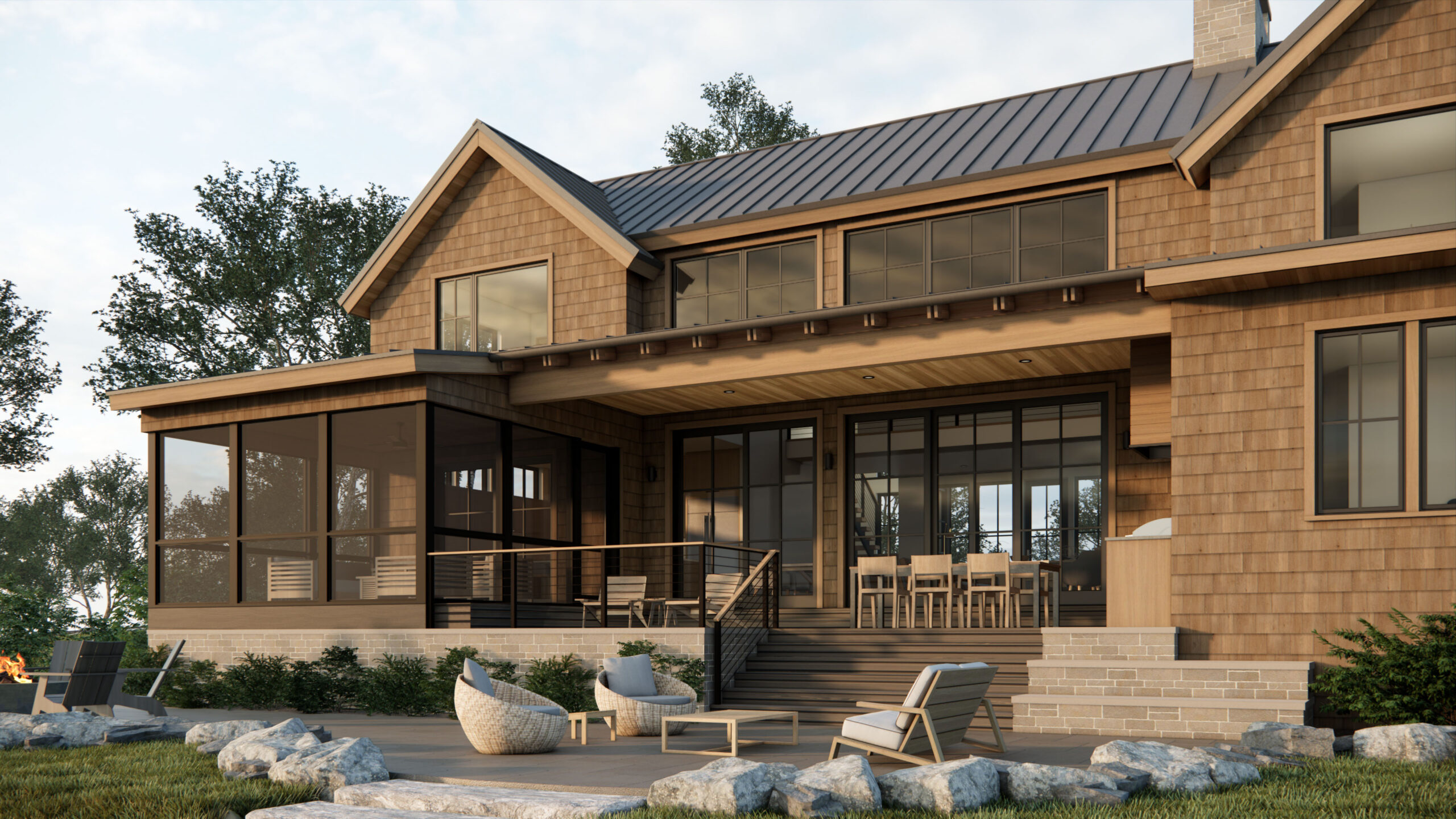 Northport Point, Cover Patio, Classic Lake Michigan Cottage, Custom Home Design by BellCraft Architects