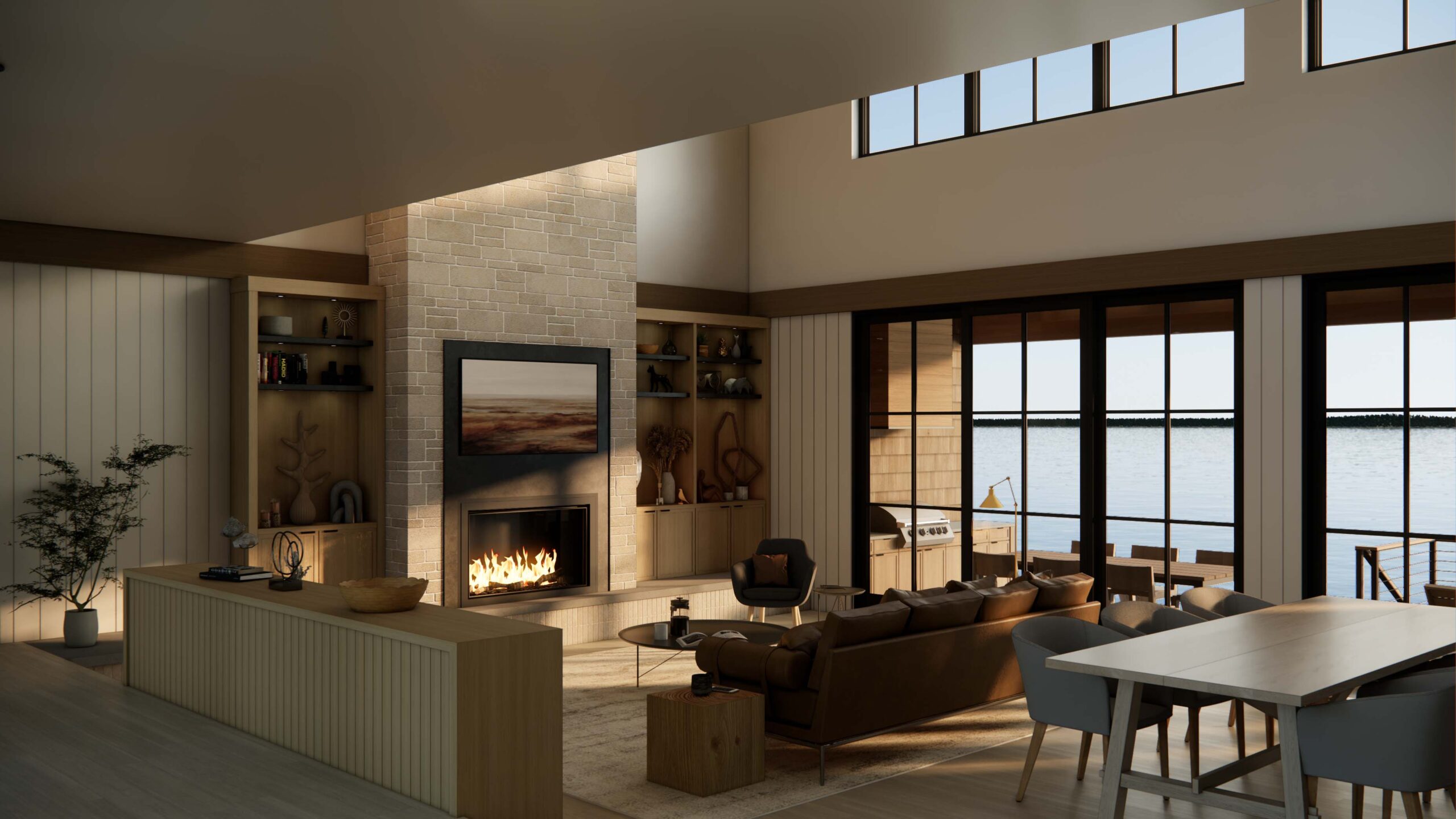 Northport Point Great Room, Classic Lake Michigan Cottage, Custom Home Design by BellCraft Architects