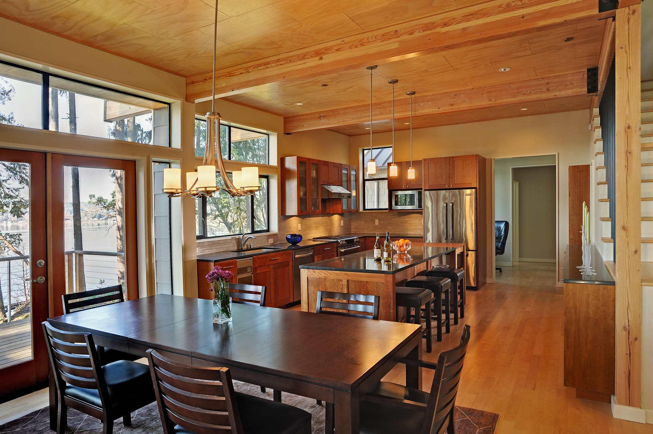 Vashon Island Beach House Dining, Modern Island Beach House, Custom Home Design by BellCraft Architects