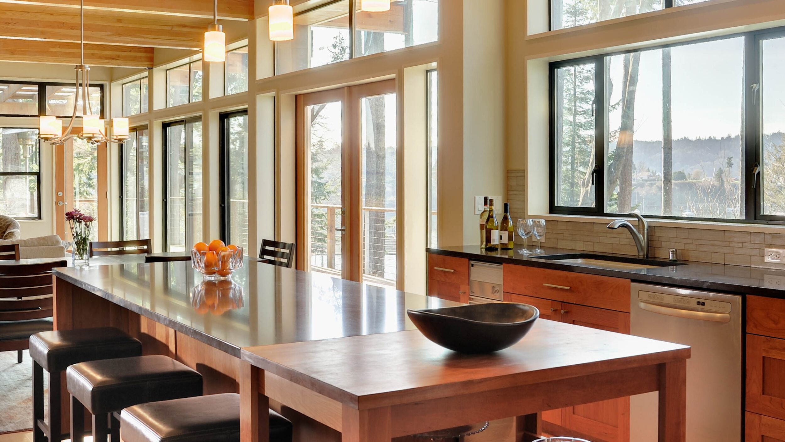 Vashon Island Beach House Kitchen, Modern Island Beach House, Custom Home Design by BellCraft Architects