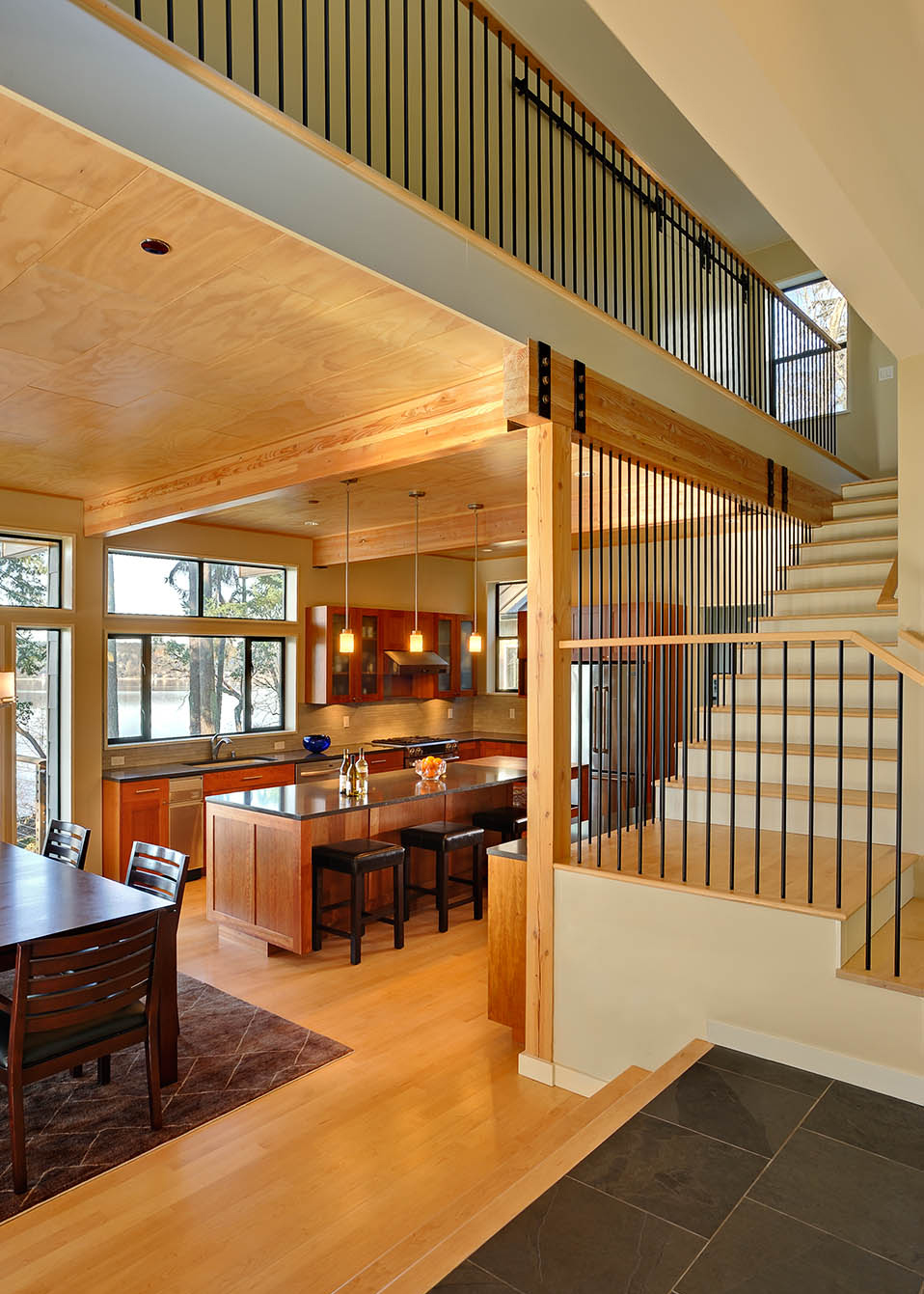 Vashon Island Beach House Stairs, Modern Island Beach House, Custom Home Design by BellCraft Architects
