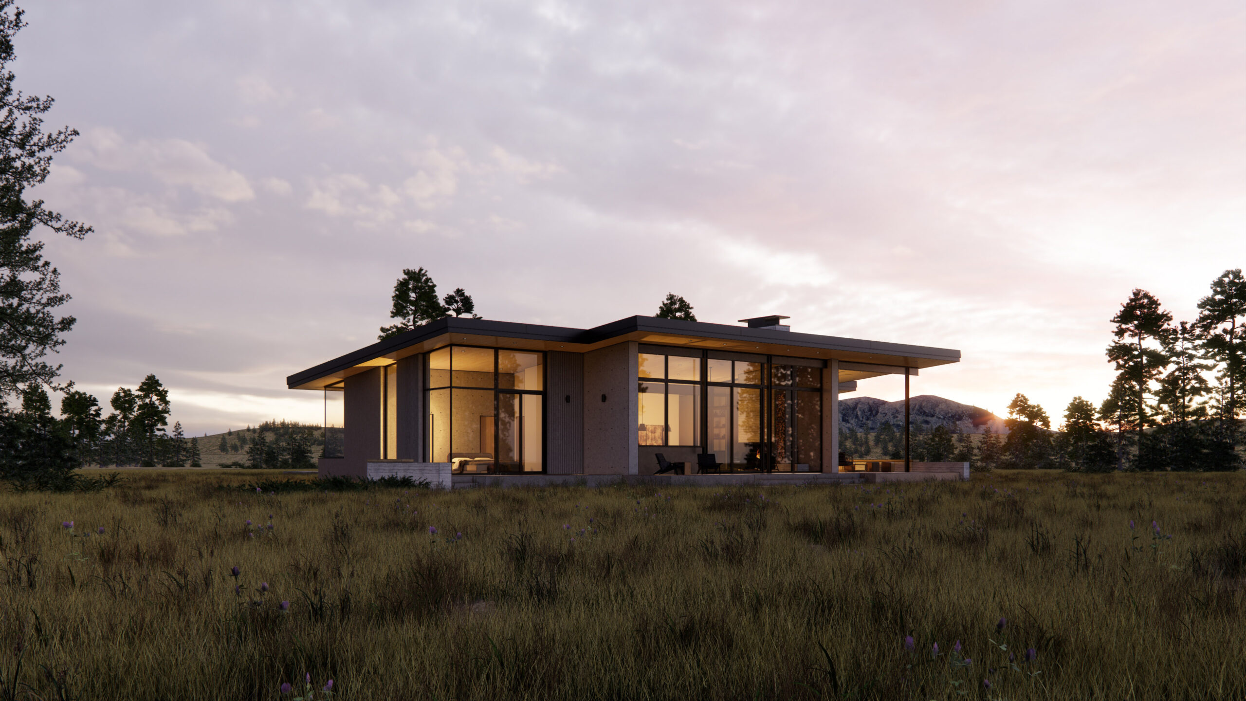 Fire Break Exterior Dusk in Methow Valley, Washington, Custom Home Design by BellCraft Architects